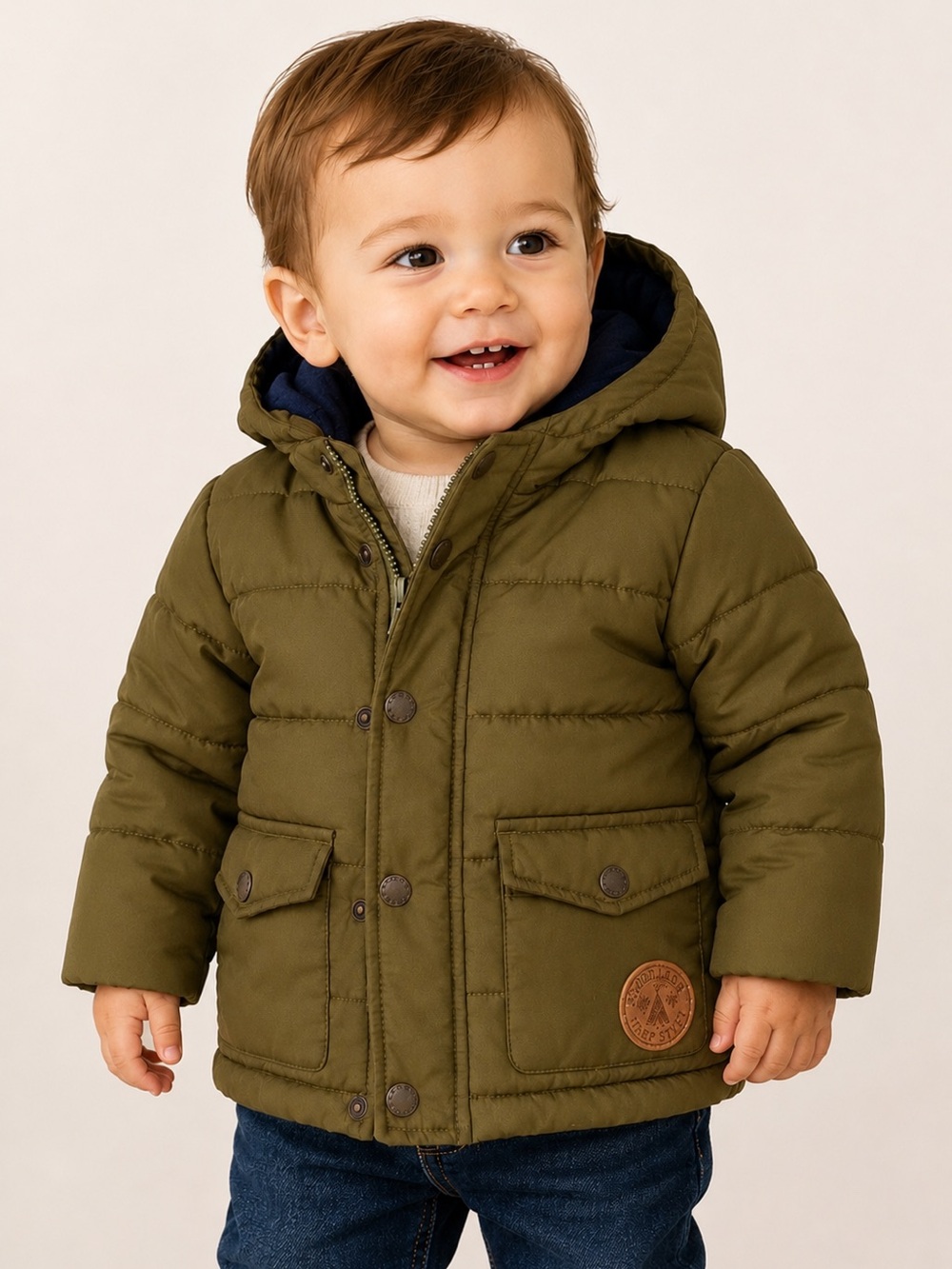 Little Me Baby Toddler Olive Green Hooded Puffer Jacket Coat 12M Winter Snap Zip